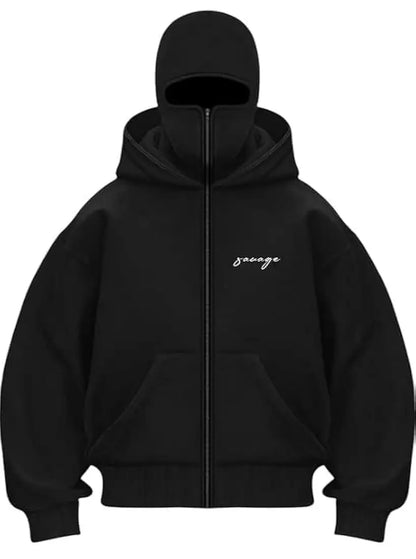 BE SAVAGE Balaclava Zipper Hoodie for Men Heavyweight Ninja Hoodies for Men